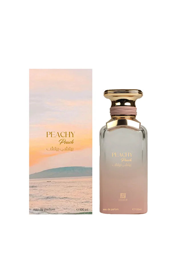 Perfume bottle and packaging with 'Peachy' branding on a white background