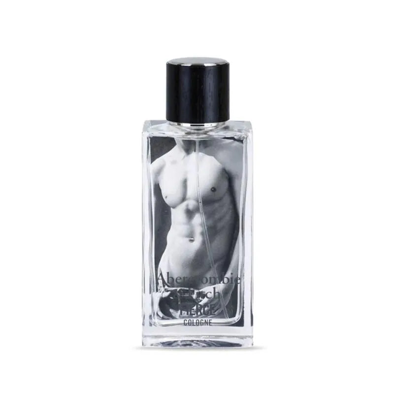Perfume bottle with a clear design of a torso on a white background