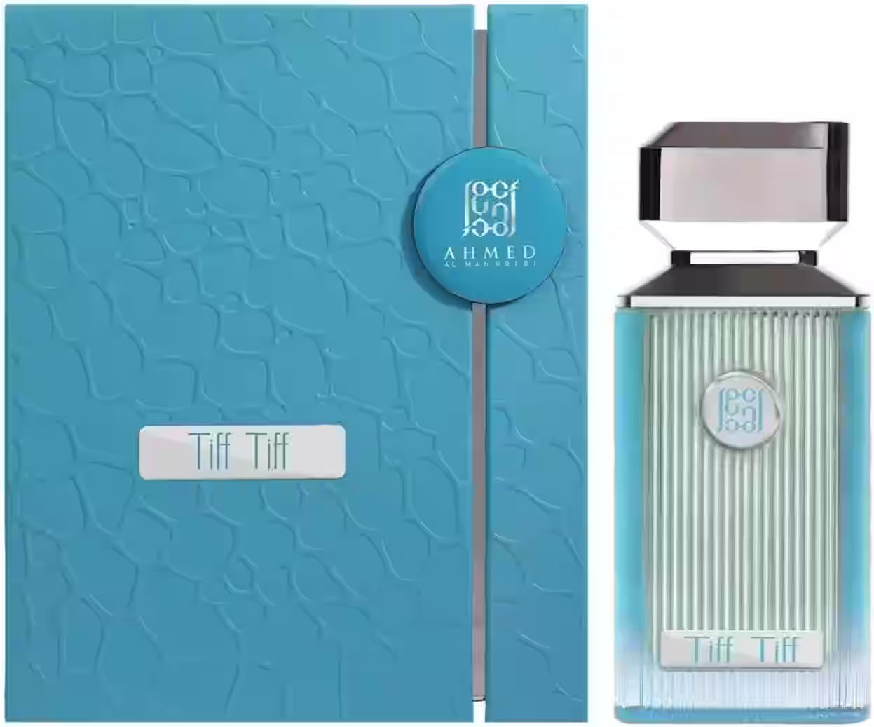 Aqua blue perfume bottle and matching box from Ahmed by Ahmed, featuring a textured embossed pattern on the box and vertical stripes on the bottle, with a silver cap.