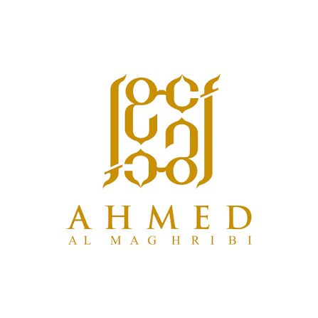 A gold logo featuring stylized Arabic calligraphy above the text 'AHMED AL MAGHRIBI' on a plain white background.
