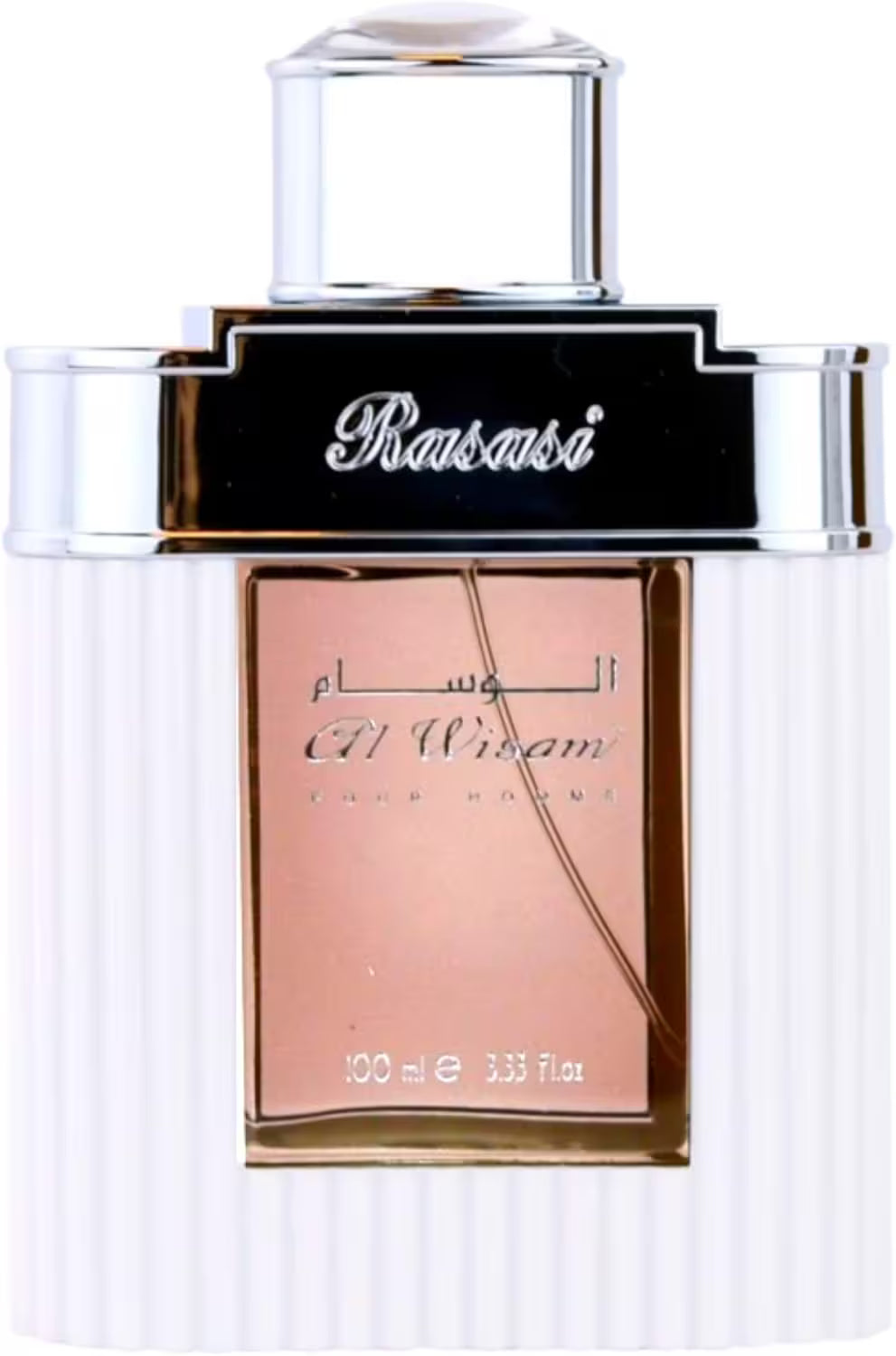 Rasasi El Wajih Eau de Parfum bottle, 100ml. The cylindrical white bottle features a ribbed texture, a black collar with silver trim and the brand name 'Rasasi' in white script, and a rose gold rectangular glass window showing the liquid inside.