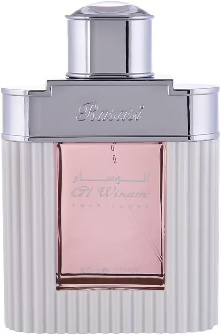 Rasasi Alwisam Four Homs perfume bottle with a ribbed white and silver design and a pink glass window, shown on a white background.
