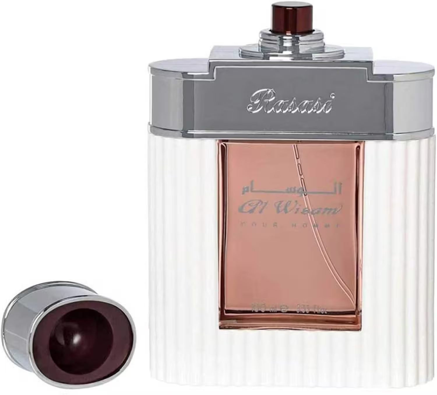 A bottle of Bissoti Al Wazir Rose Mint cologne with a ribbed white body, a metallic silver top, and a rose gold-toned glass window, shown alongside its detached silver cap with a dark red spray top on a white background.