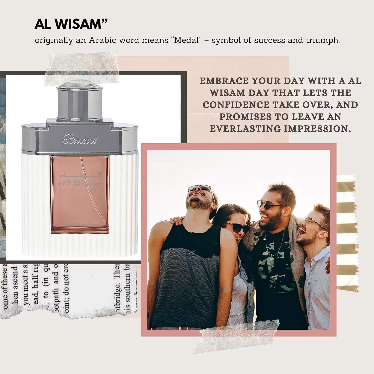 A promotional graphic for Al Wisam perfume, featuring a clear glass bottle with a metallic rose-gold center panel and silver cap, alongside marketing text and a lifestyle photo of four smiling men outdoors.