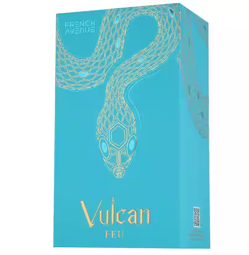 A turquoise blue product box featuring a stylized metallic gold snake illustration and the text 'French Avenue' and 'Vulcan FEU'.