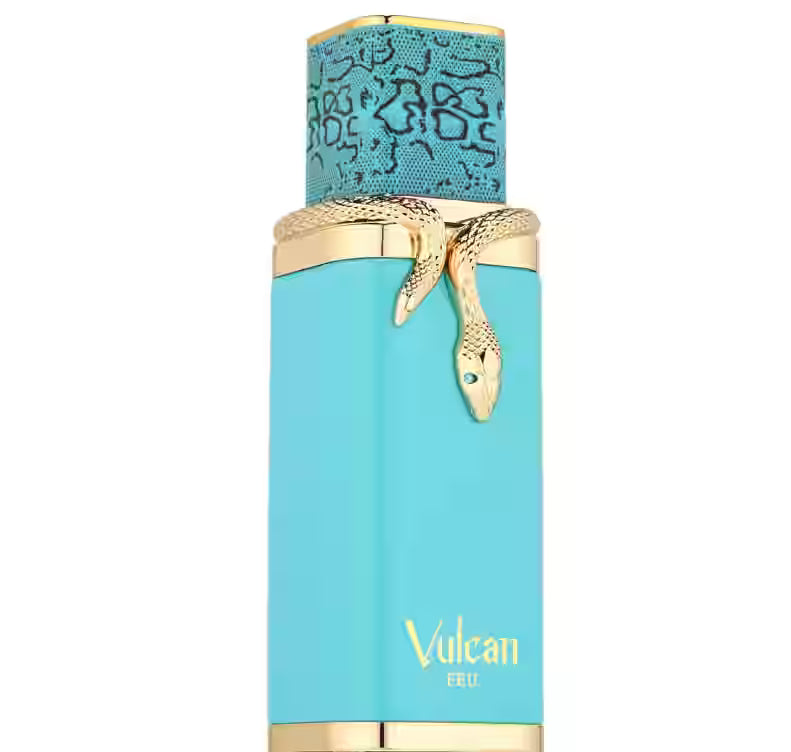 Vulcan Fendi perfume bottle in light blue with gold accents, featuring a gold snake draped around the neck and a patterned blue cap on a white background.
