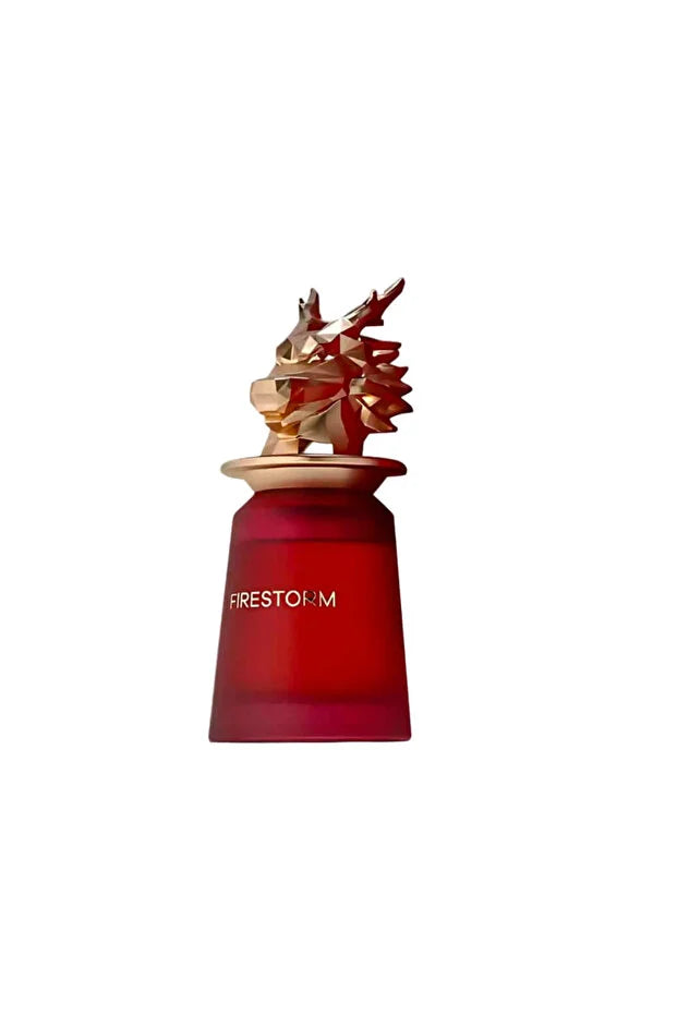 Red perfume bottle with gold cap on a white background