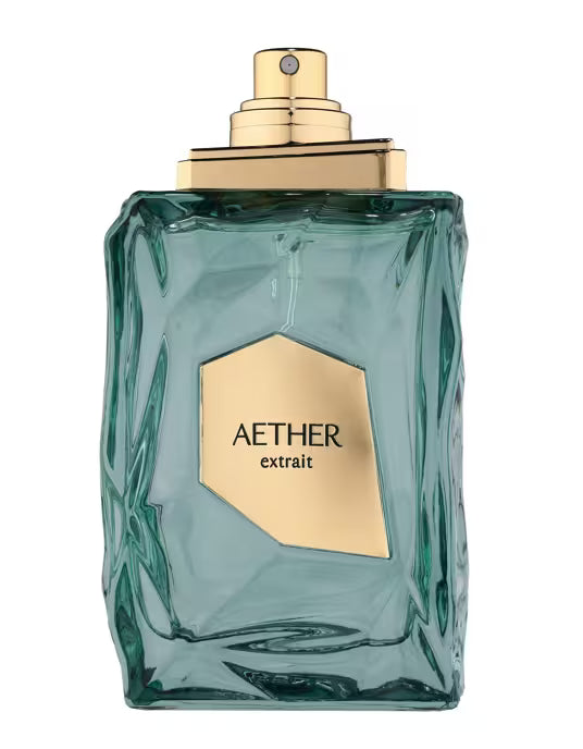 Aethers Extract Eau de Toilette perfume bottle in a textured, faceted translucent teal-green glass with a metallic gold cap and a gold hexagonal label on the front.