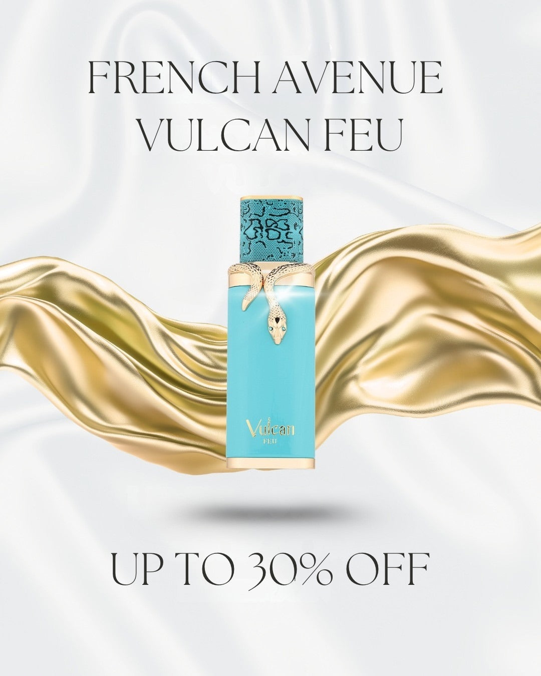 Advertisement for French Avenue Vulcan Feu perfume with a gold ribbon and discount text on a light background