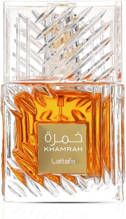 Perfume bottle with 'Khamrah' and 'Lattafa' branding on a white background