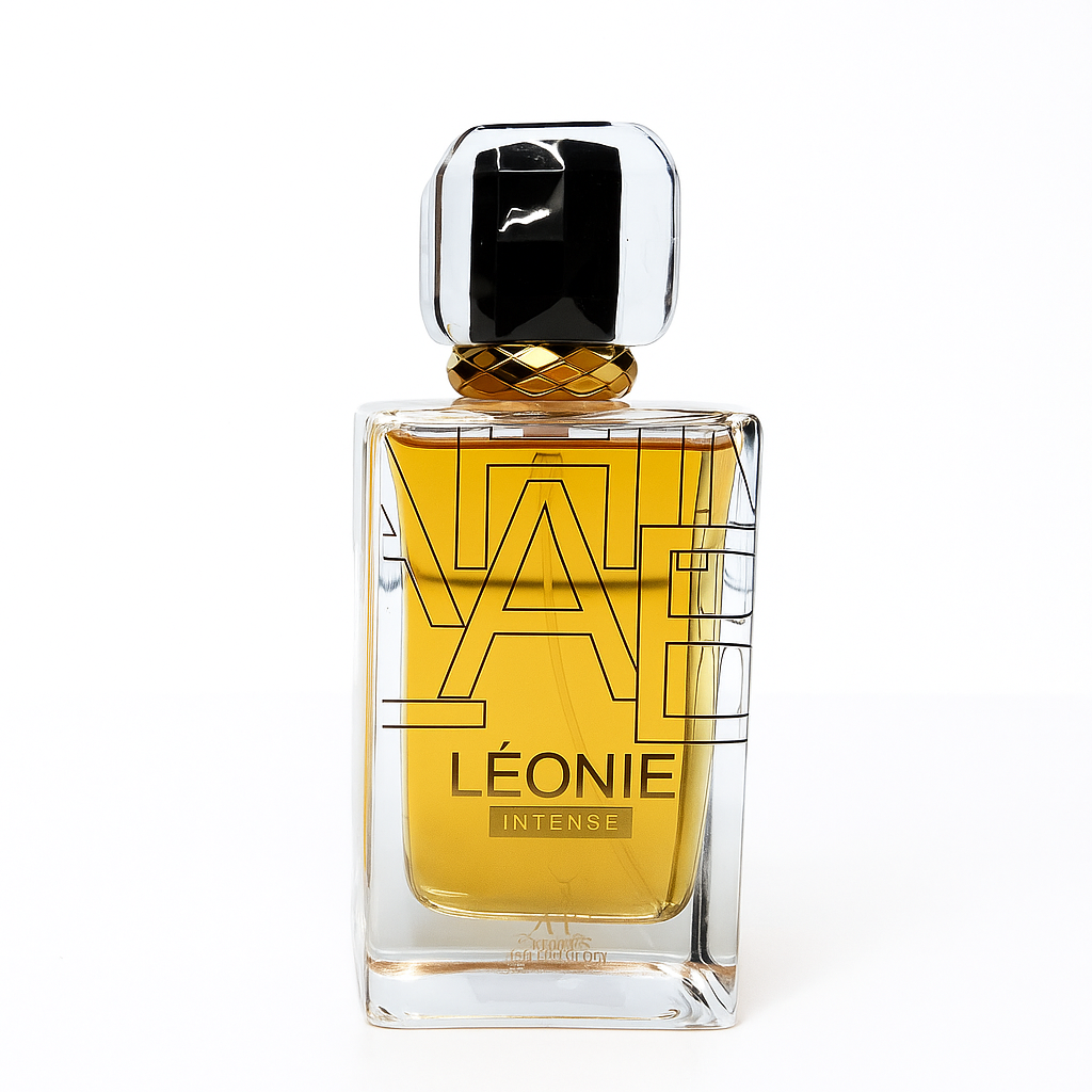 Perfume bottle labeled 'Léonie Intense' with a gold cap on a white background