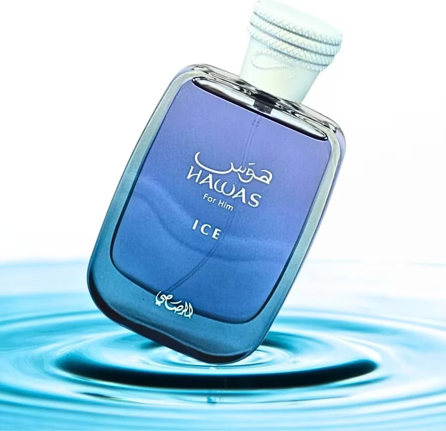 A bottle of HAWAS For Him ICE fragrance, featuring a blue gradient rectangular glass bottle with a white cap, floating above a blue water ripple pattern on a white background.