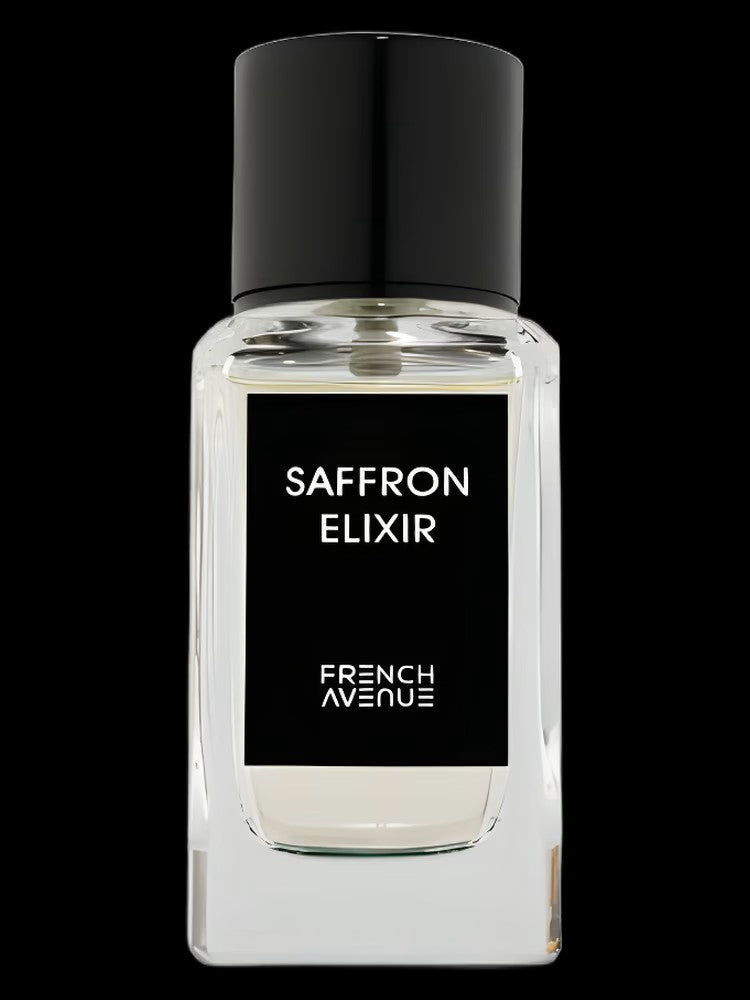 Saffron Elixir perfume bottle with black cap on a white background