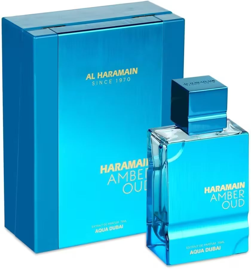 Al Haramain Amber Oud perfume bottle and packaging on a white background