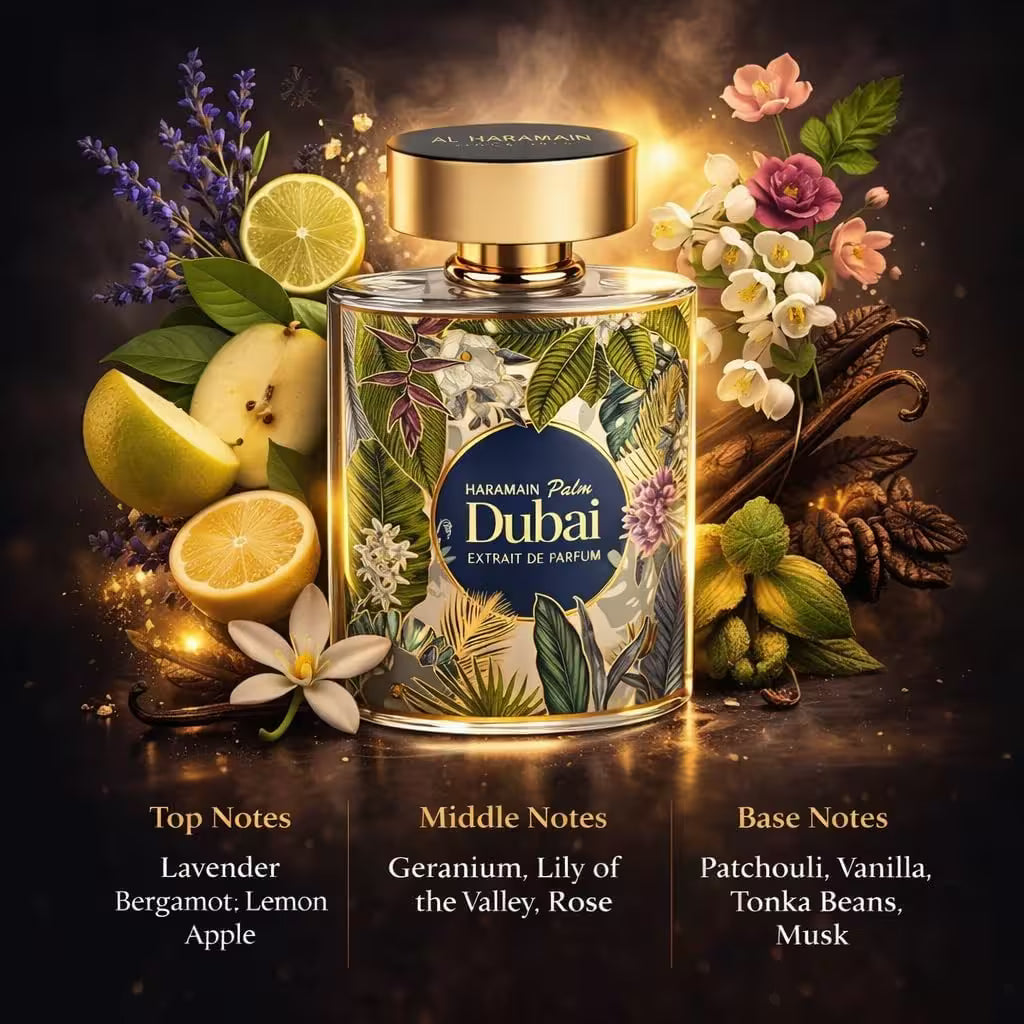 A decorative perfume bottle labeled HARAMAIN Dubai Extrait de Parfum stands centered on a dark, atmospheric background with citrus slices, flowers, leaves, and spices arranged around it. Text below lists top, middle, and base notes in a stylized layout.