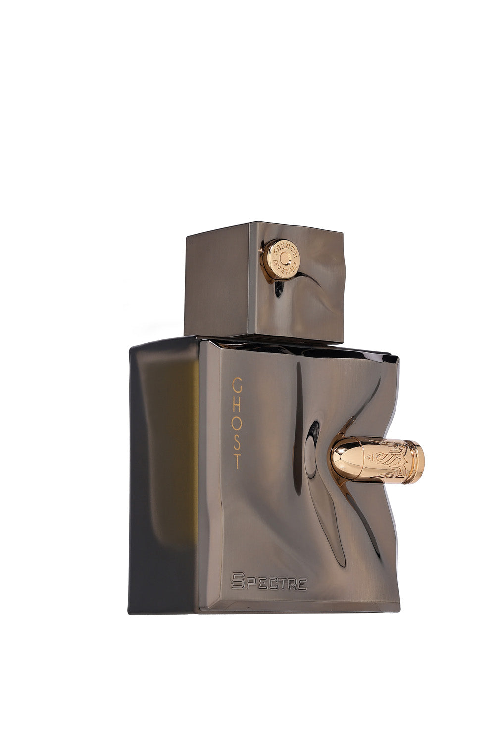 Perfume bottle with gold accents on a white background