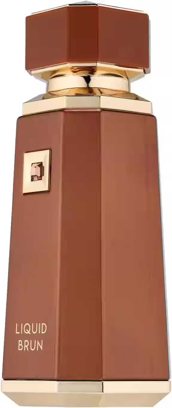A faceted brown perfume bottle with gold metallic accents and the text 'LIQUID BRUN' on the front, isolated on a white background.