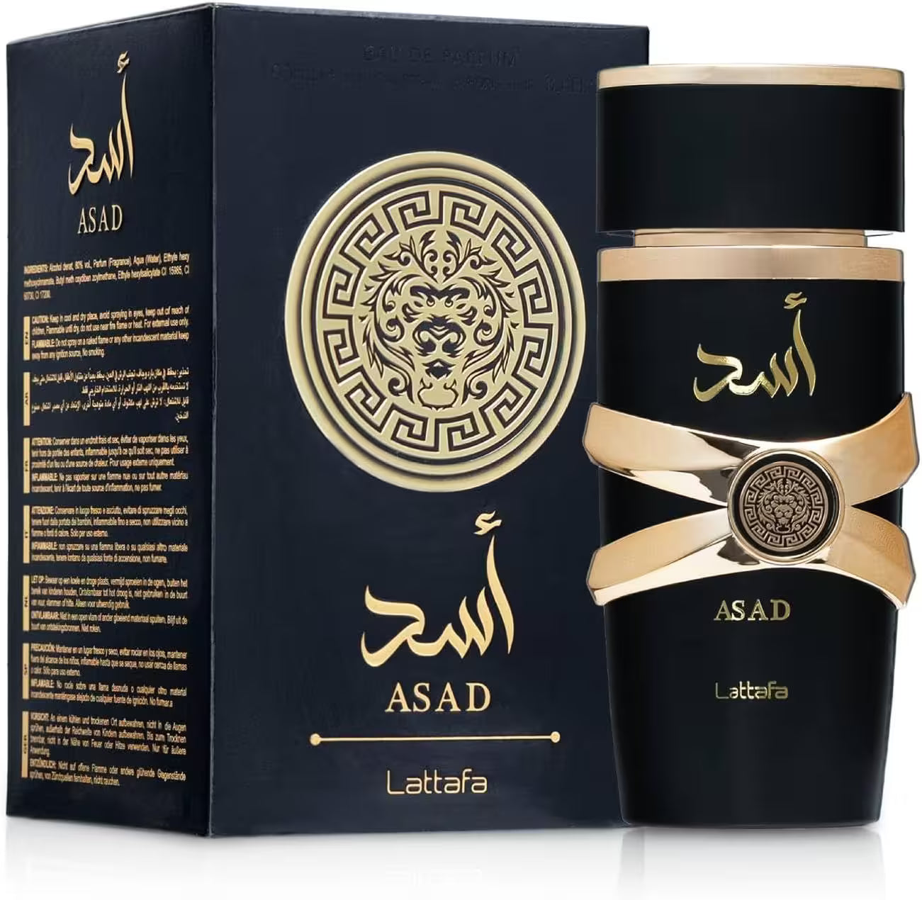 Black and gold Asad Lattafa perfume bottle and packaging on a white background