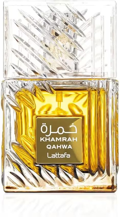 Khamrah Qahwa perfume bottle by Lattafa with gold and clear design