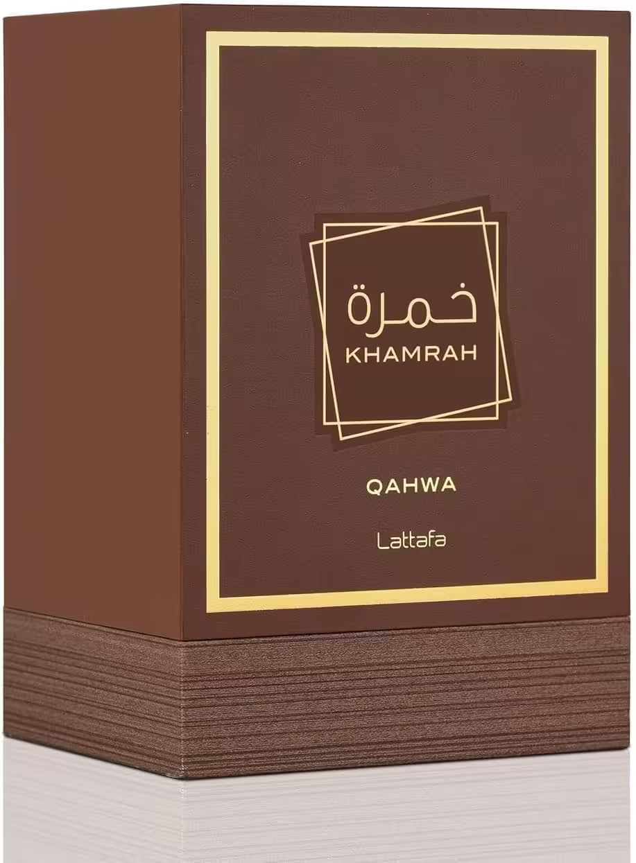 A brown rectangular perfume box with gold border lines and gold text reading 'KHAMRAH', 'QAHWA', and 'Lattafa' on the front, photographed on a light neutral background.