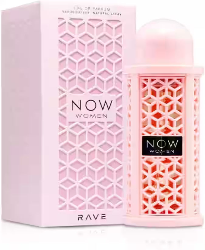 RAVE NOW WOMEN Eau de Parfum bottle and its packaging box, both in a soft pastel pink color with a geometric honeycomb pattern.