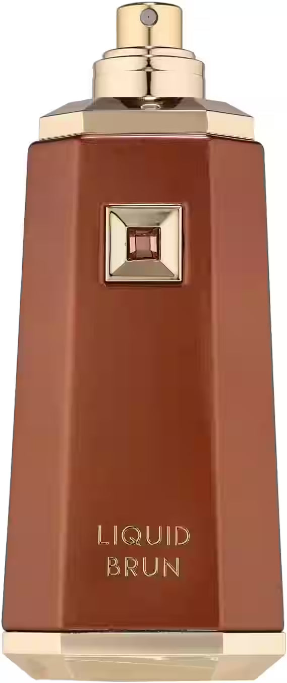 A faceted brown perfume bottle with gold-toned metal detailing, featuring a square decorative emblem and the text 'LIQUID BRUN' printed near the bottom.