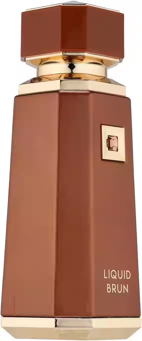 A faceted brown perfume bottle with gold metallic accents and the text 'LIQUID BRUN' on the front, shown against a plain white background.