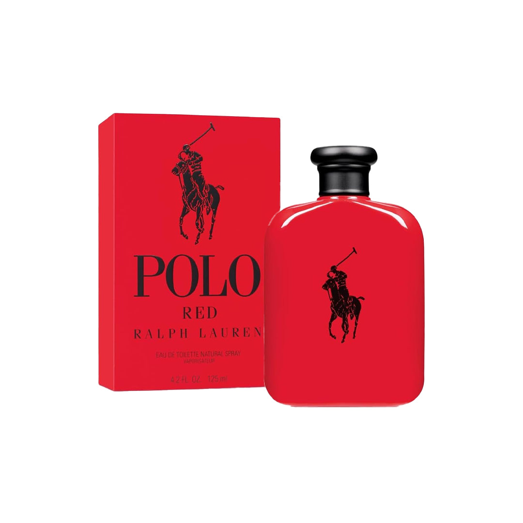 Red Polo Ralph Lauren perfume bottle and packaging on a white background
