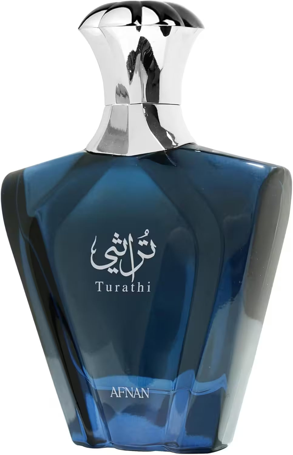 Blue perfume bottle with silver cap labeled 'Turathi' by Afnan on a white background
