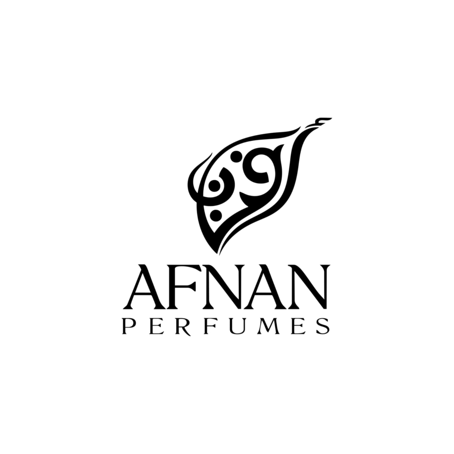 A black logo for Afnan Perfumes on a solid white background, featuring a stylized leaf-like emblem above the brand name.