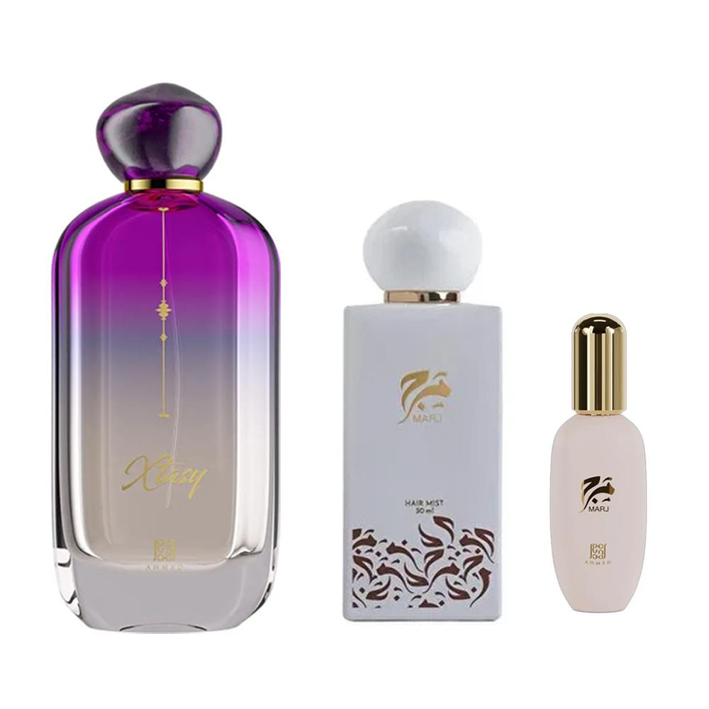 Ahmed Al Maghribi Perfume Gift Set | Xtasy EDP + Marj Hair Mist + Marj Body Gel | 3-Piece Women's Fragrance Collection