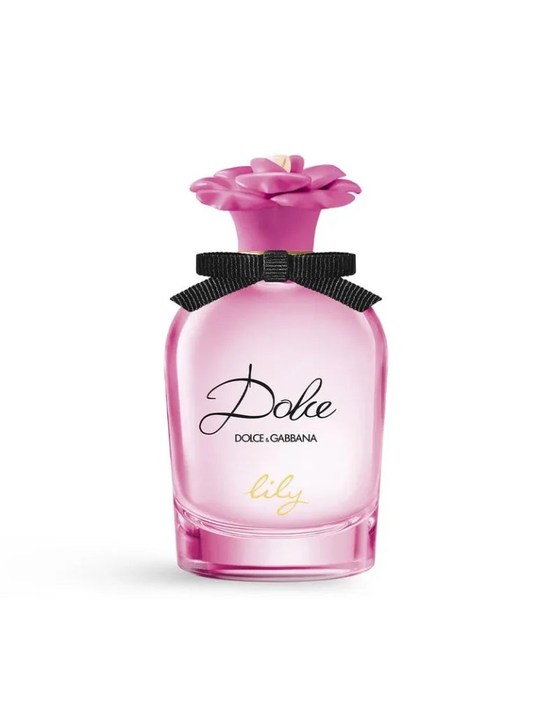 Pink Dolce & Gabbana perfume bottle with a flower on a white background