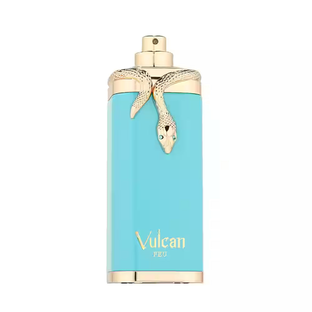 Vulcan Feu perfume bottle by Dior, featuring a light blue cylindrical body with gold lettering and a gold-tone metal snake coiled around the neck, set against a plain white background.