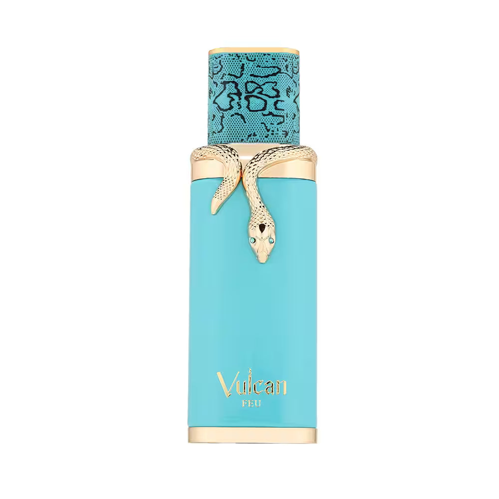 Vulcan Skin perfume bottle in a vibrant turquoise blue color with gold accents, featuring a sculpted snake head and a patterned cap on a plain white background.
