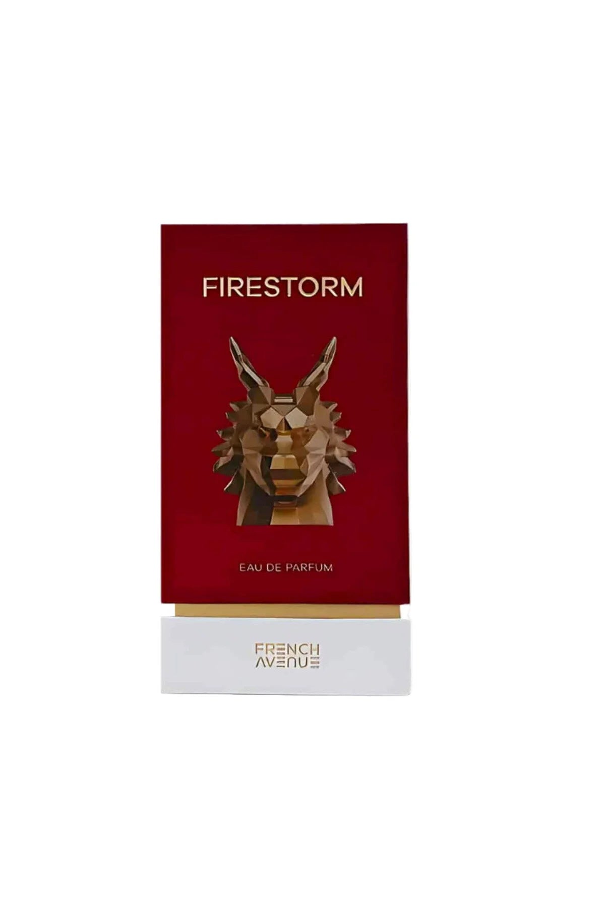 Firestorm Eau de Parfum packaging with a lion head design on a red background