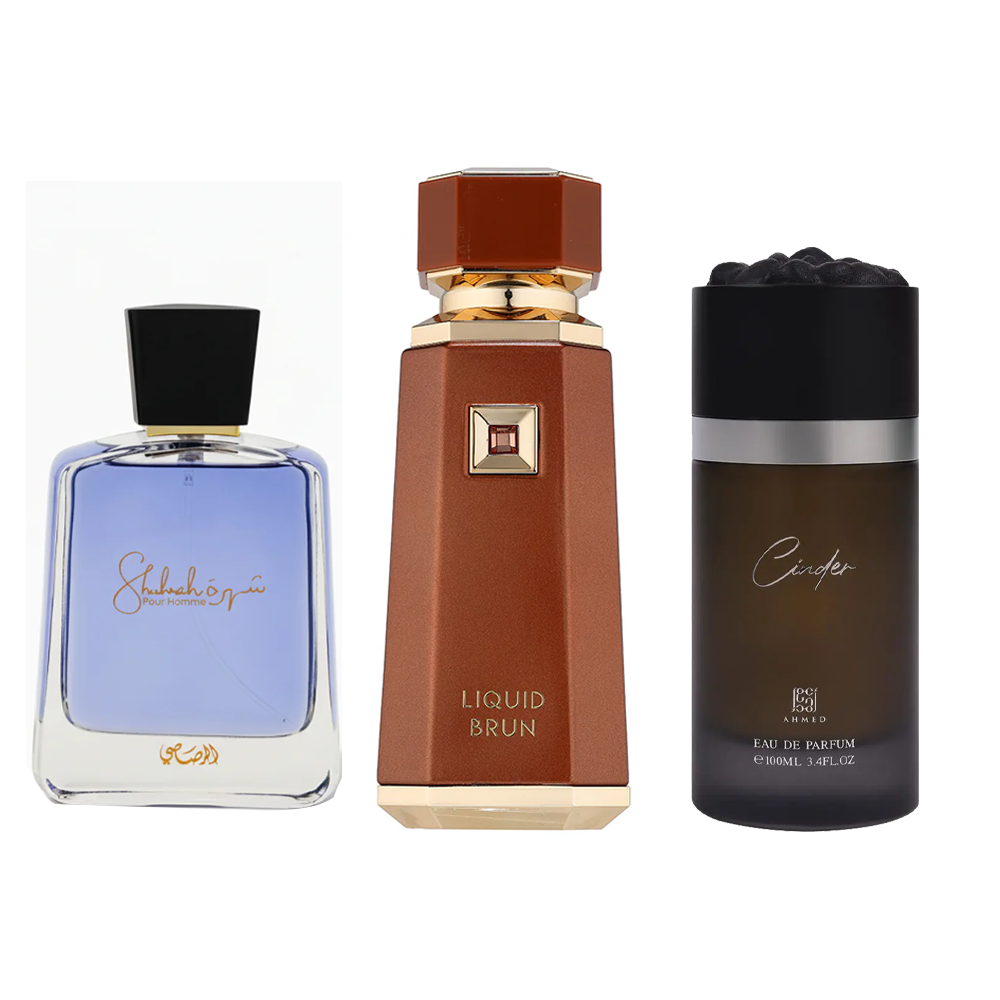 Luxury Arabic Perfume Combo Set | Rasasi Shuhra + Liquid Brun + Ahmed Al Maghribi Cinder | 3-Piece Oriental Fragrance Collection
