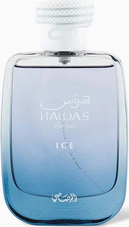 A bottle of Haws Ice fragrance for men, featuring a clear glass bottle with a blue gradient and a white textured cap, shown against a plain white background.
