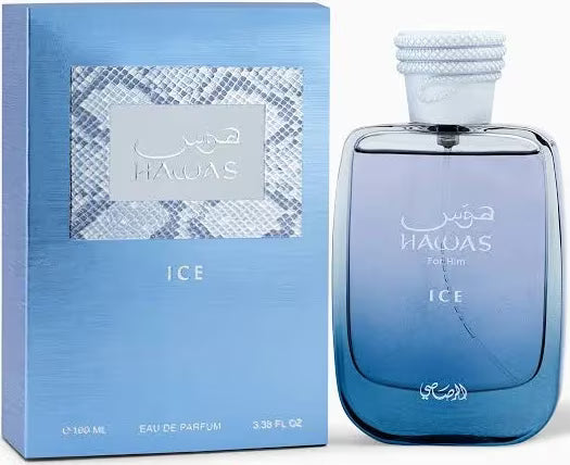 Hawas Ice Eau de Parfum bottle and its blue packaging box, featuring a blue gradient design with Arabic lettering and a textured pattern on the box.