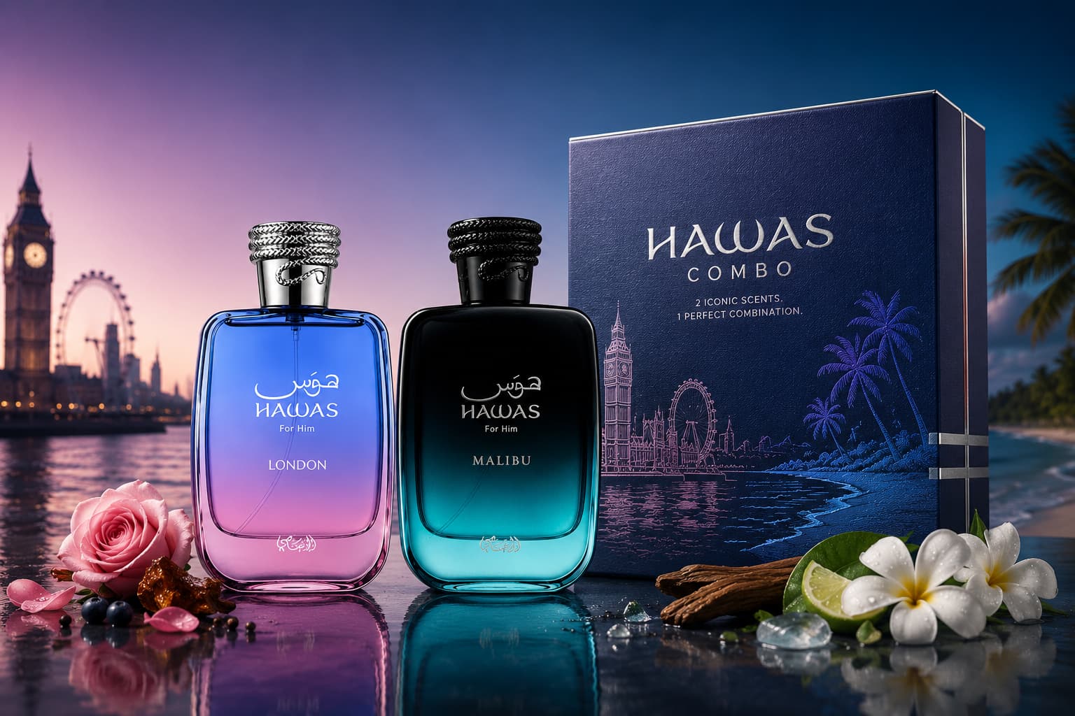 Two HAWAS cologne bottles and a HAWAS COMBO box displayed together, with London landmarks and tropical flowers in the background. The left bottle is pink-to-blue gradient labeled London, the center bottle is dark blue-to-teal labeled Malibu, and the box is dark blue with white HAWAS branding.