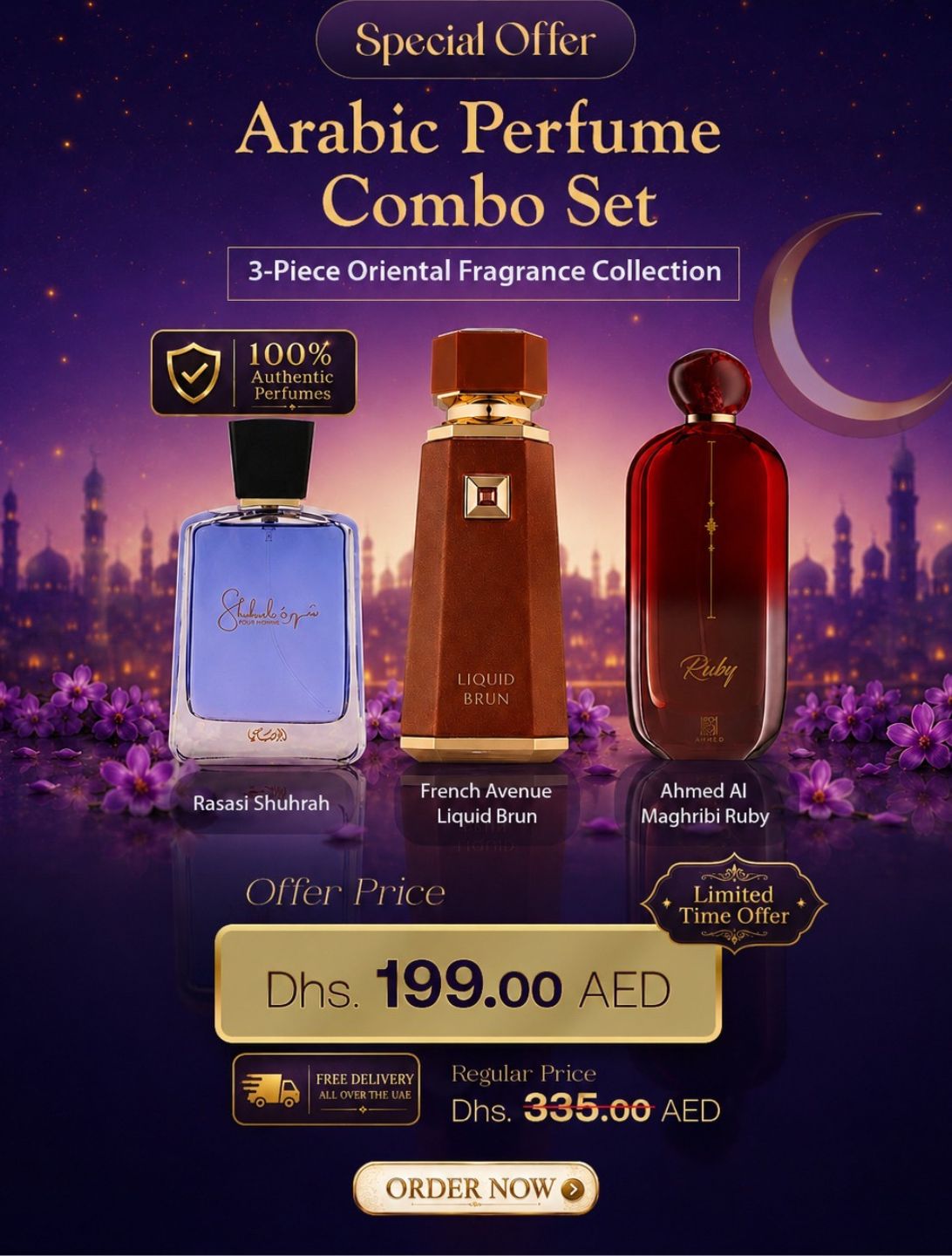 Promotional image of Arabic perfume combo set with three bottles of Rasasi Shuhrah-liquid Brun - Ruby by Ahmed at Elmeira