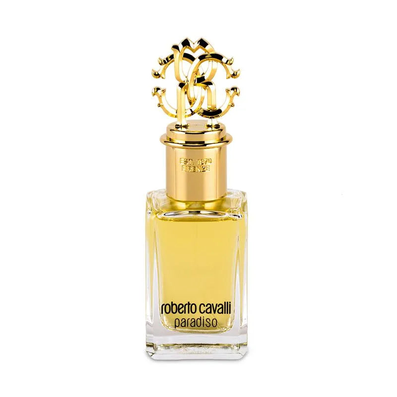Perfume bottle with gold cap and clear label on a white background