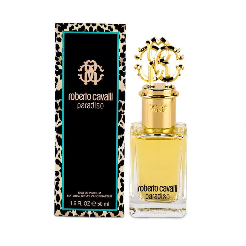 Roberto Cavalli Paradiso perfume bottle and packaging on a white background