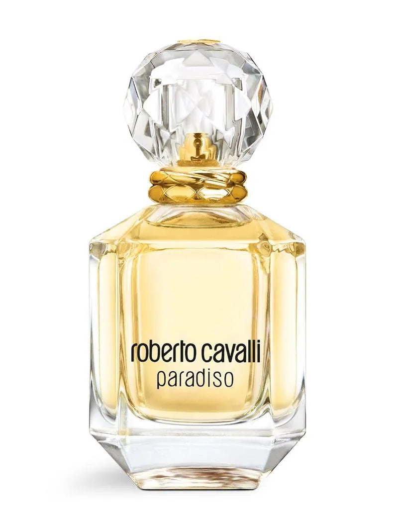 Perfume bottle labeled 'Roberto Cavalli Paradiso' on a white background