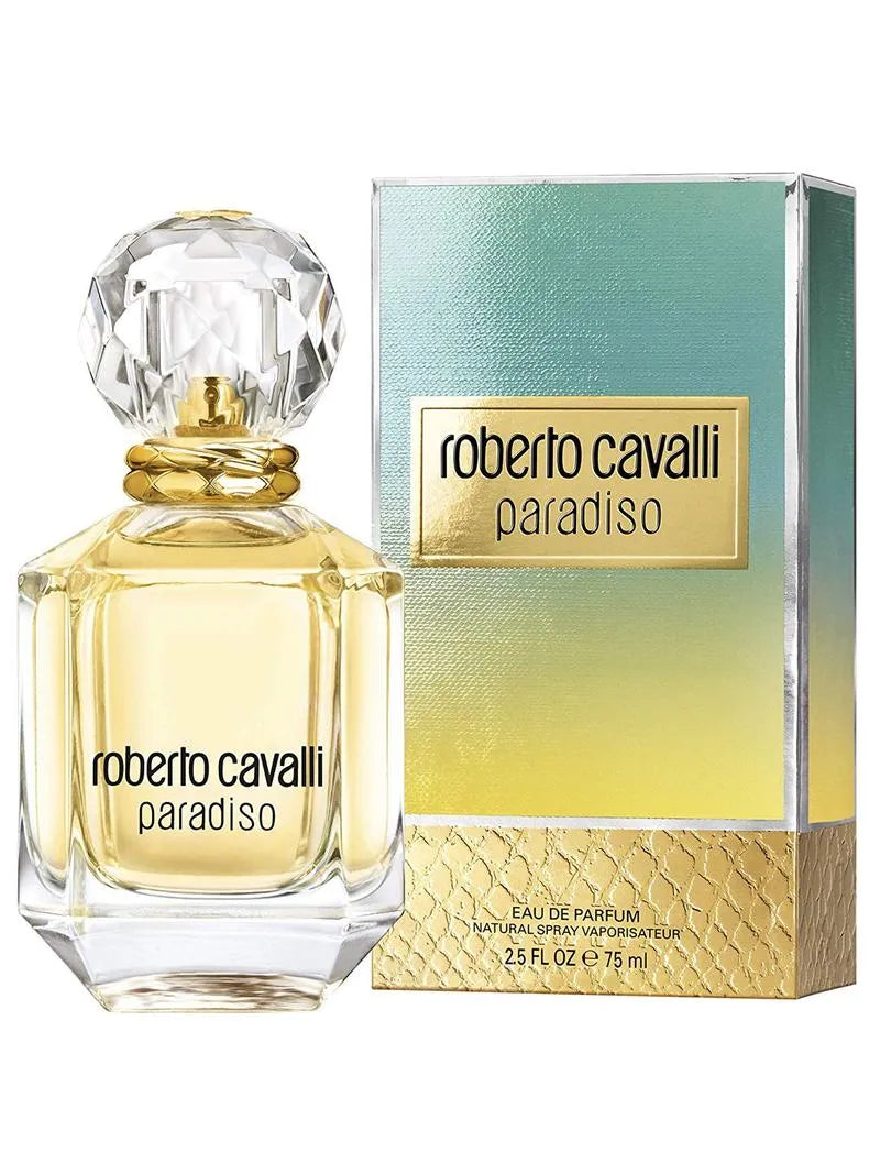 Roberto Cavalli Paradiso perfume bottle and packaging on a white background