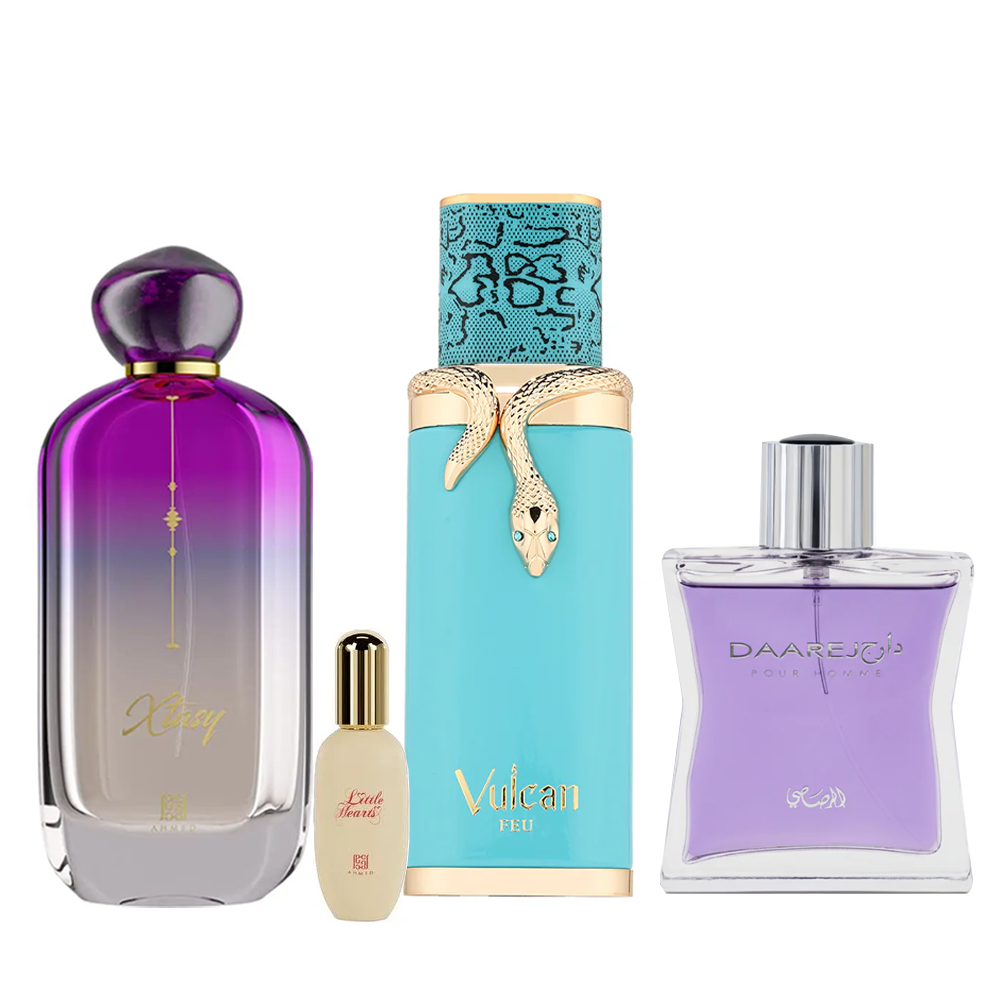 Luxury 4-Piece Perfume Combo | Ahmed Xtasy + Little Heart + Vulcan Feu + Rasasi Daareej | Oriental Fragrance Collection