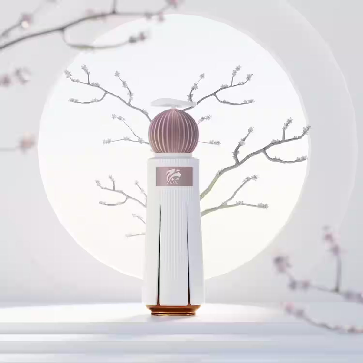 A modern cylindrical decorative lamp or diffuser with a ribbed mauve-purple top and a white ribbed body, shown against a soft white circular backdrop with delicate branch silhouettes.