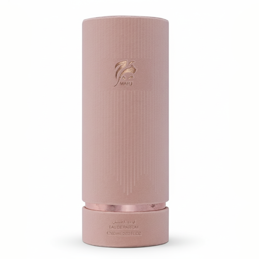 Pink perfume bottle with rose gold accents on a white background