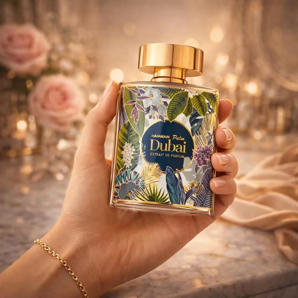 Hand holding a HARMONIUM Palms Dubai perfume bottle with floral design