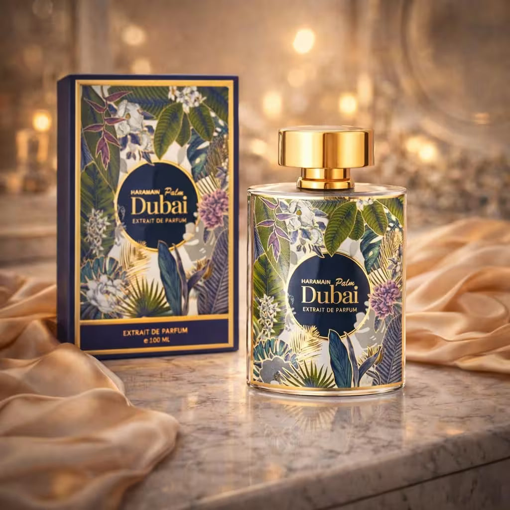 A perfume bottle and its matching box displayed on a marble surface with draped satin fabric and warm bokeh lights in the background. The packaging features a tropical floral pattern with green leaves, white flowers, blue birds, and purple blossoms, with a gold circular Dubai logo.