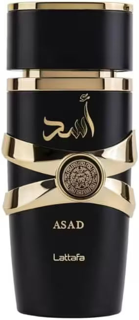 Lattaafa Asad perfume bottle in black with gold accents, featuring Arabic calligraphy, a circular emblem, and gold lettering on a white background.
